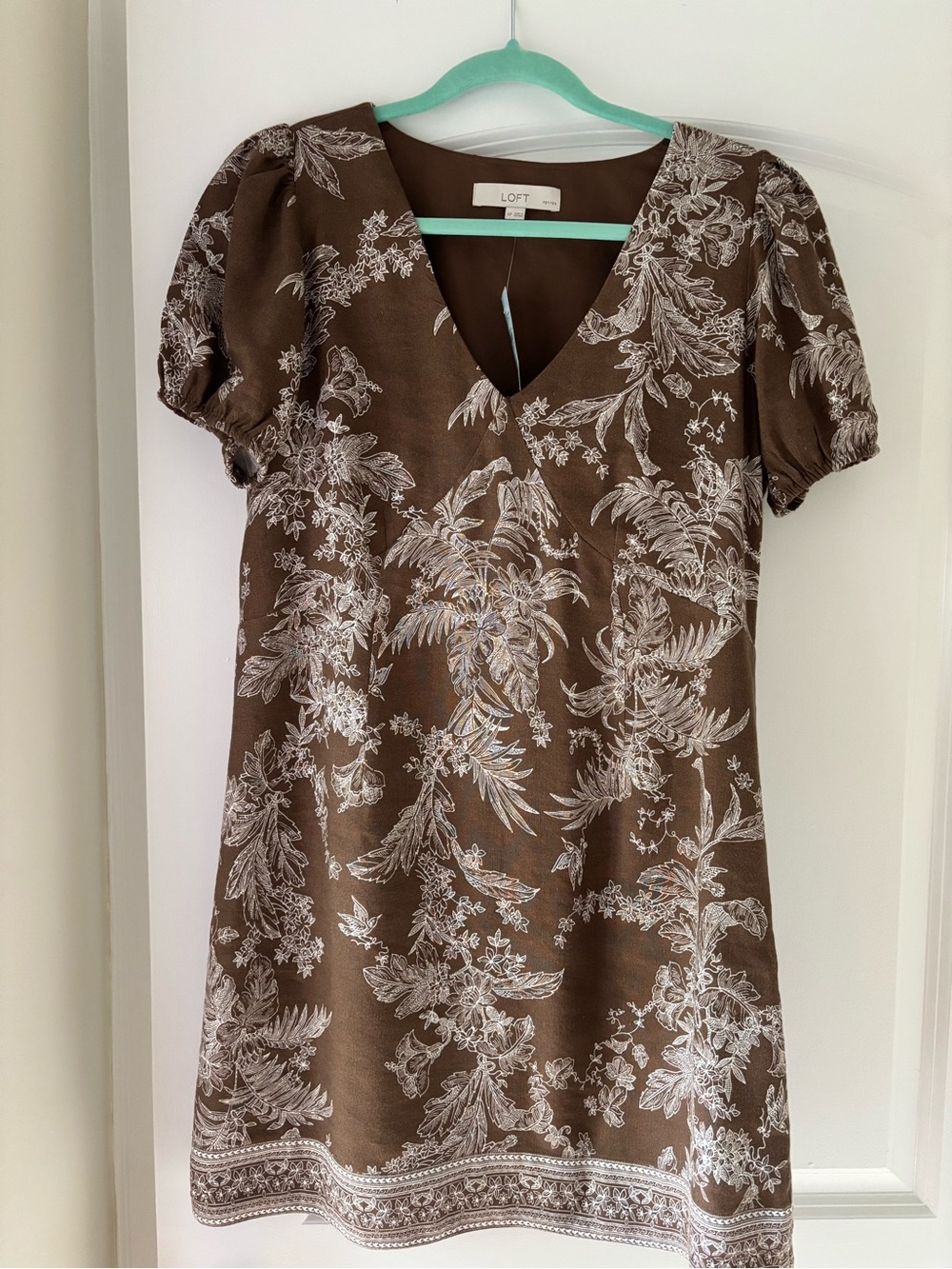 LOFT Brown Floral V-Neck Short Puff Sleeve Tunic Dress